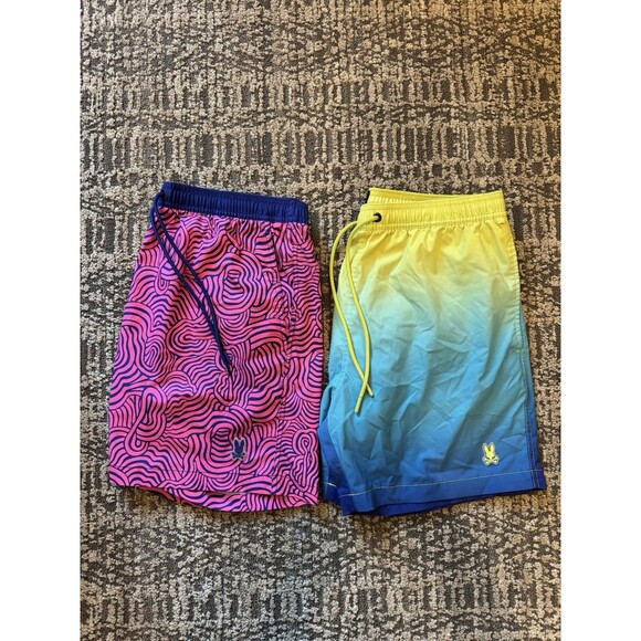 2 Pairs Of Psycho Bunny Swim Trunks Shorts Large 6inch Inseam Excellent Cond - Picture 1 of 12